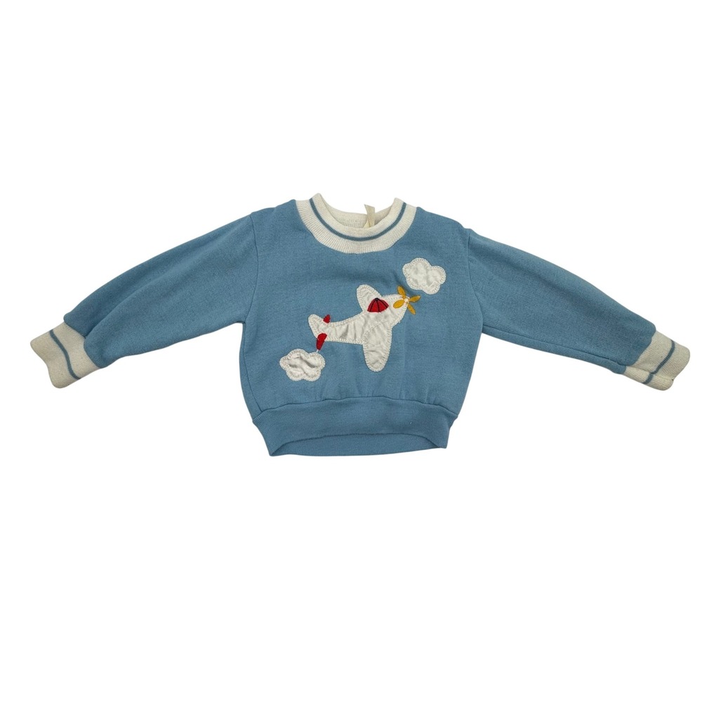 Vintage Teddy Bears Toddler Boys Blue Airplane Knit Sweatshirt Size 2 USA Made